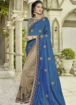 Splendid Blue And Beige Art Silk Designer Half N Half Saree