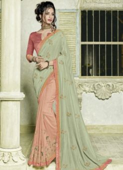 Magnificent Green And Peach Art Silk Designer Half N Half Saree