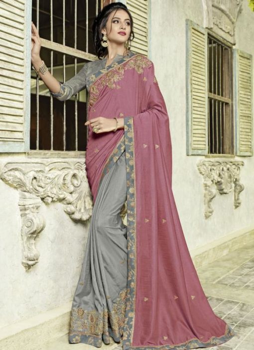 Impressive Pink And Grey Art Silk Designer Half N Half Saree