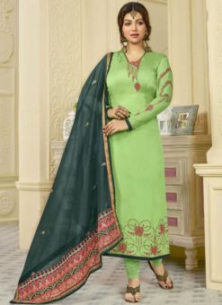 Fantastic Green Satin Georgette Embroidred Work Designer Churidar Salwar Kameez