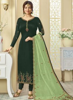 Luxurious Green Satin Georgette Embroidered Work Designer Churidar Salwar Kameez
