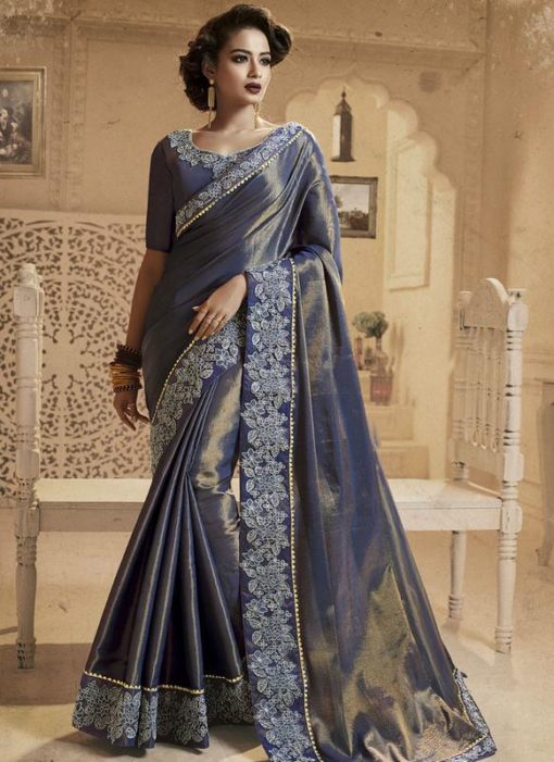 Striking Navy Blue Silk Party Wear Designer Saree