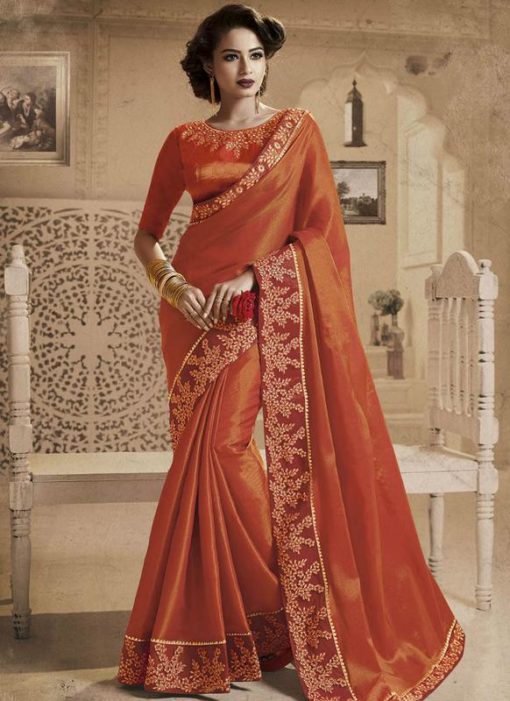 Awesome Orange Silk Party Wear Designer Saree