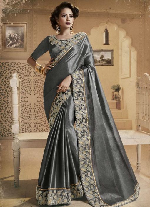 Majestic Grey Silk Party Wear Designer Saree