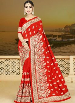 Excellent Red Silk Georgette Zari Work Designer Saree