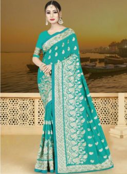 Stunning Turquoise Blue Silk Georgette Zari Work Designer Saree