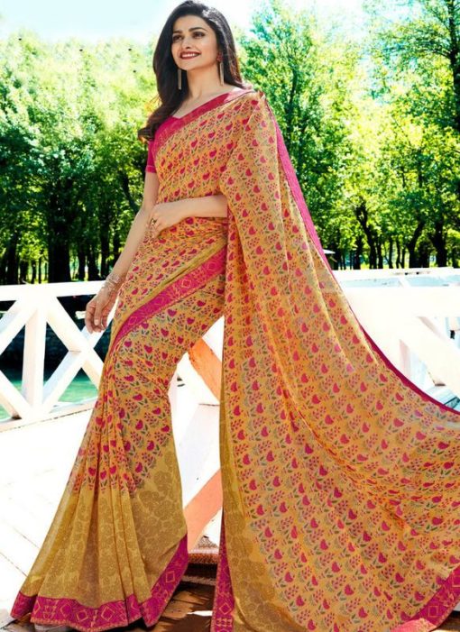 Classic Yellow Georgette Printed Casual Wear Saree