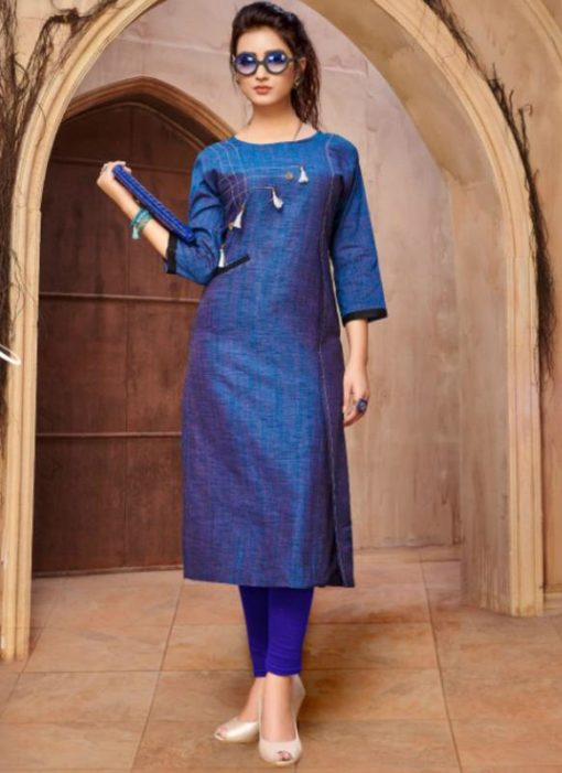 Glorious Blue Khadi Cotton Thread Work Party Wear Kurti