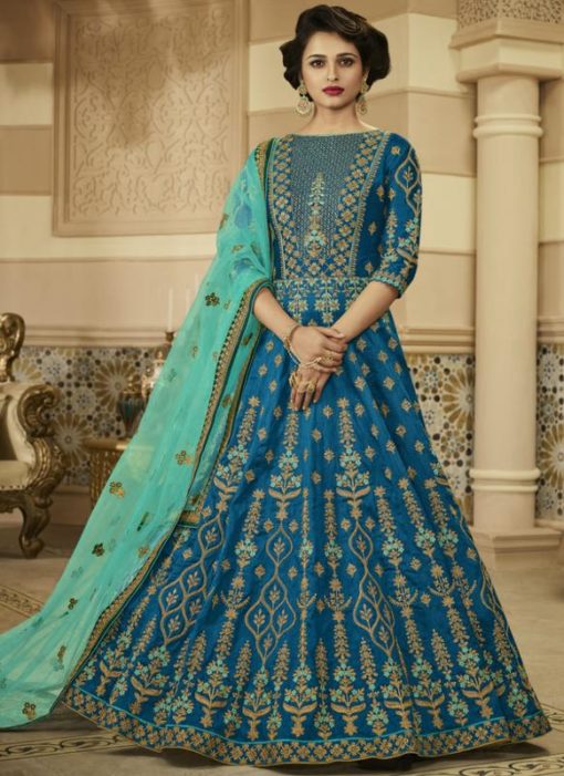 Lavish Blue Silk Embroidered Work Designer Wedding Anarkali Salwar Kameez