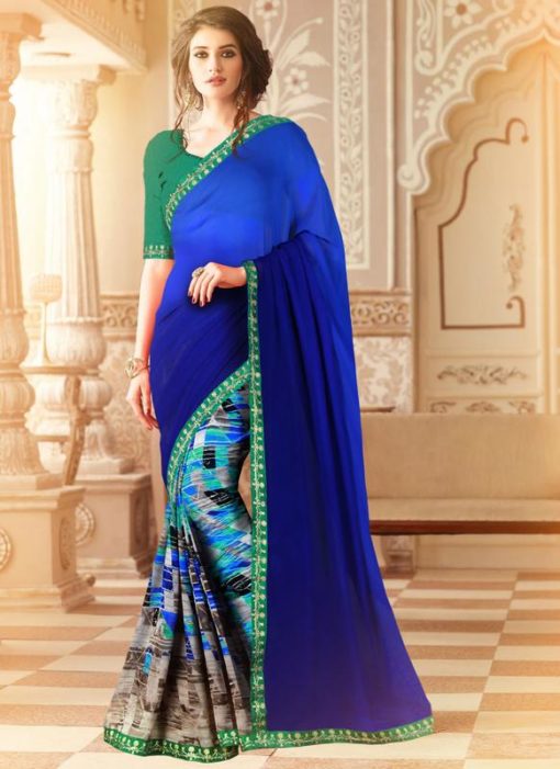 Attractive Navy Blue Georgette Printed Casual Wear Saree