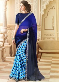 Exquisite Navy Blue Georgette Printed Casual Wear Saree