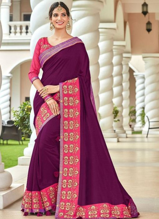 Beautiful Purple Red Art Silk Embroidered Work Party Wear Saree