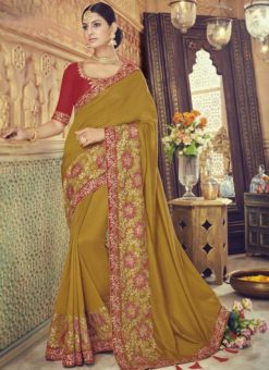 Fabulous Yellow Silk Embroidered Work Designer Party Wear Saree