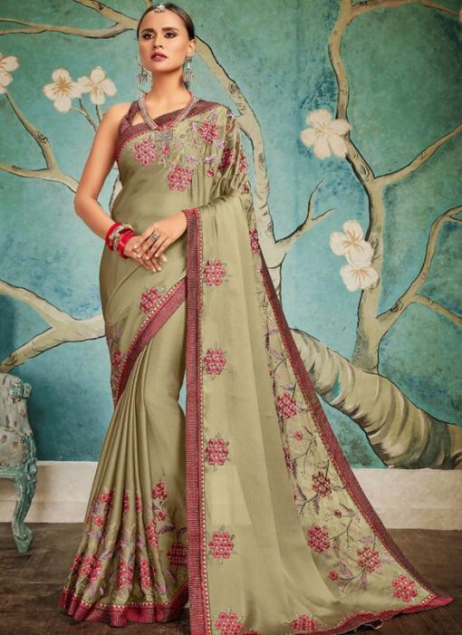 Fabulous Grey Art Silk Embroidered Work Party Wear Saree