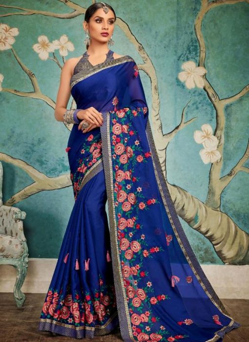Lovely Navy Blue Art Silk Embroidered Work Party Wear Saree