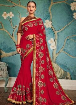 Amazing Red Art Silk Embroidered Work Party Wear Saree