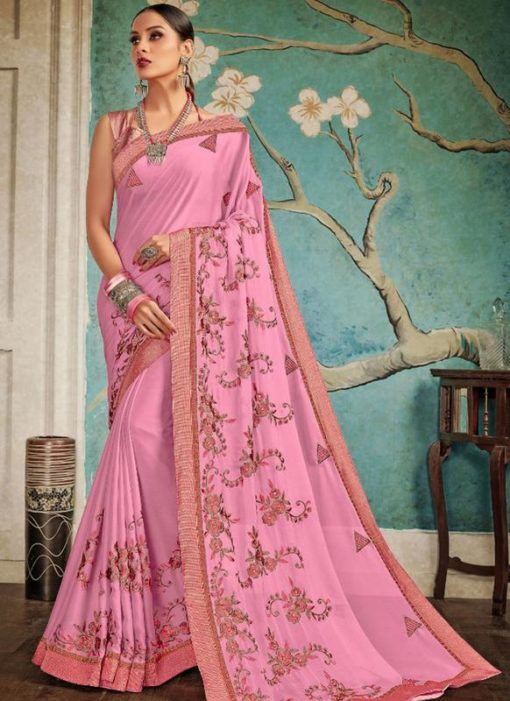 Attractive Pink Art Silk Embroidered Work Party Wear Saree