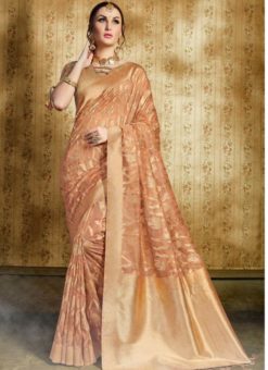 Amazing Peach Silk Zari Weaving Party Wear Saree