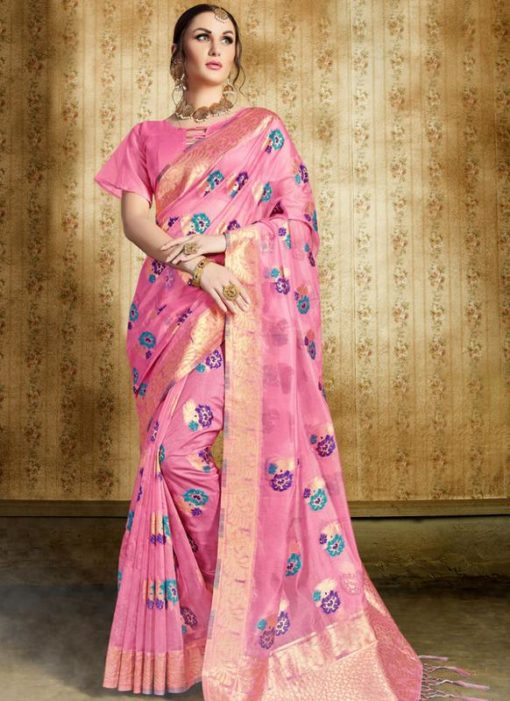 Fantastic Pink Silk Zari Weaving Party Wear Saree