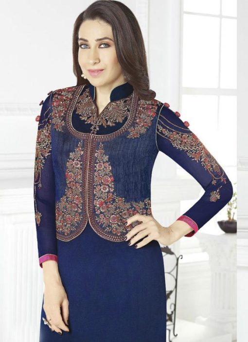 Elegant Navy Blue Georgette Designer Jacket Style Churidar Salwar Kameez