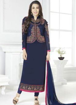 Elegant Navy Blue Georgette Designer Jacket Style Churidar Salwar Kameez