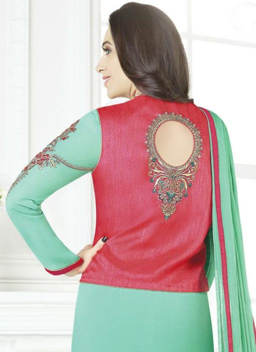 Excellent Aqua Green Georgette Designer Jacket Style Churidar Salwar Kameez