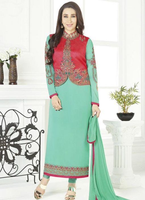 Excellent Aqua Green Georgette Designer Jacket Style Churidar Salwar Kameez