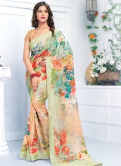 Multicolor Pure Linen Printed Designer Saree