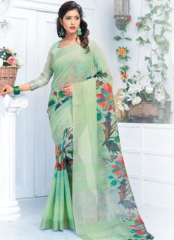 Multicolor Pure Linen Printed Designer Saree