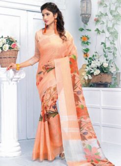 Delicious Peach Pure Linen Printed Designer Saree