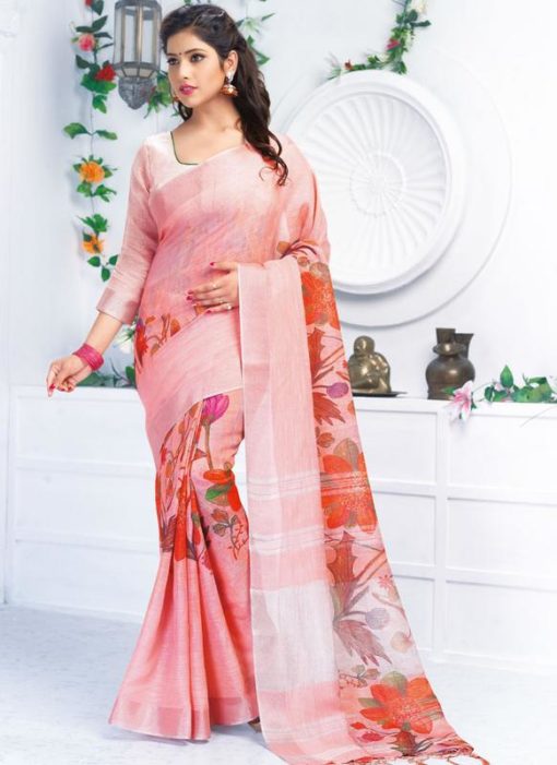 Excellent Pink Pure Linen Printed Designer Saree