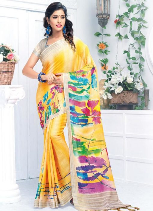 Fashionable Yellow Pure Linen Printed Designer Saree