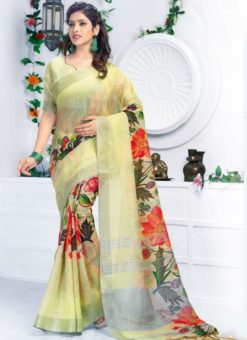 Snazzy Yellow Pure Linen Printed Designer Saree