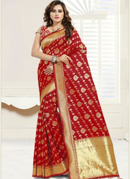 Elegant Red Banarasi Silk Zari Work Wedding Saree