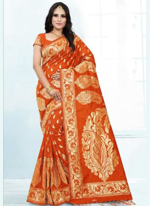 Exquisite Orange Banarasi Silk Zari Work Wedding Saree