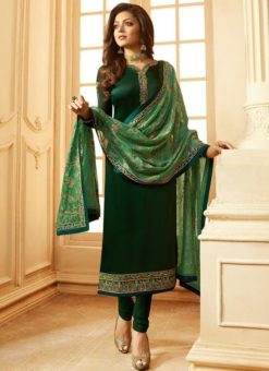 Beautiful Green Satin Georgette Designer Churidar Salwar Kameez