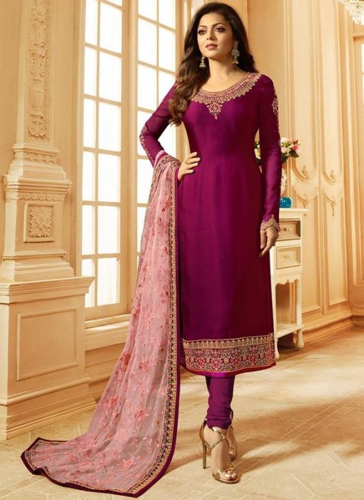 Stunning Rani Pink Satin Georgette Designer Churidar Salawr Kameez