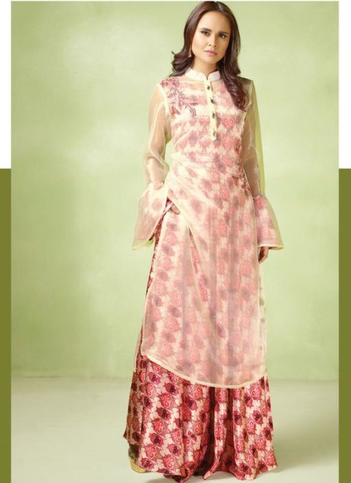 Beautiful Pink And Cream Satin Georgette Designer Party Wear Gown
