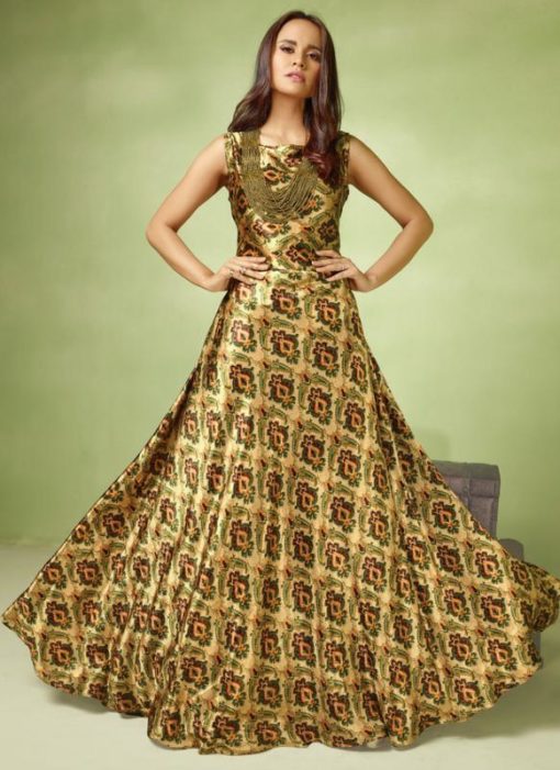 Lovley Beige And Multicolor Satin Georgette Designer Party Wear Gown