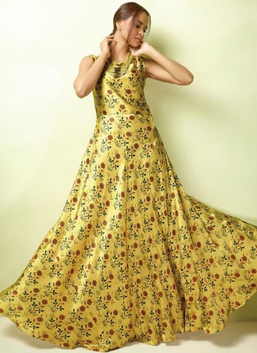 Attractive Yellow Satin Georgette Designer Party Wear Gown