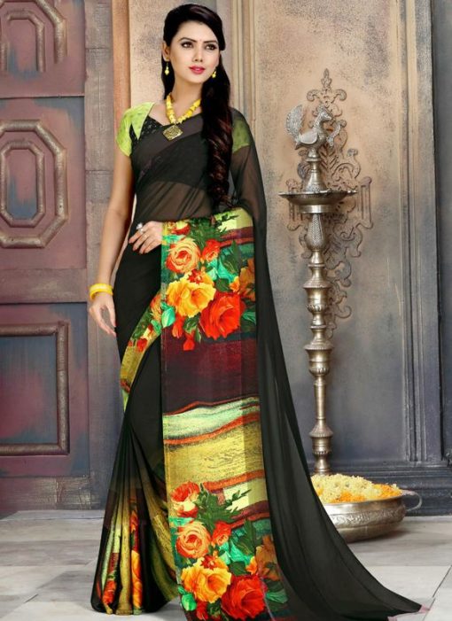 Lovely Black And Multicolor Georgette Printed Casual Wear Saree