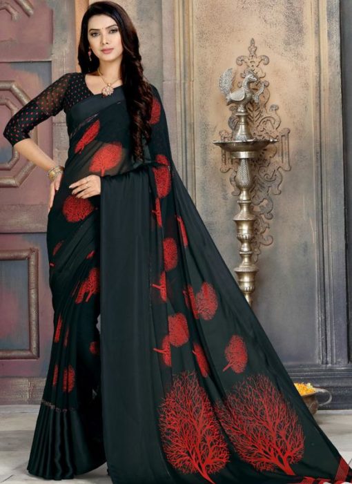 Alluring Black Georgette Printed Casual Wear Saree