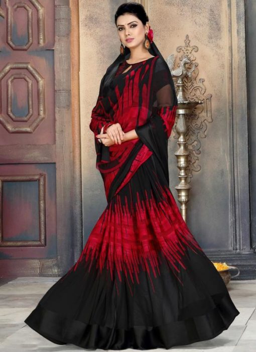 Charming Black And Maroon Georgette Printed Casual Wear Saree