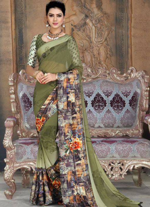 Luxurious Green Georgette Printed Casual Wear Saree