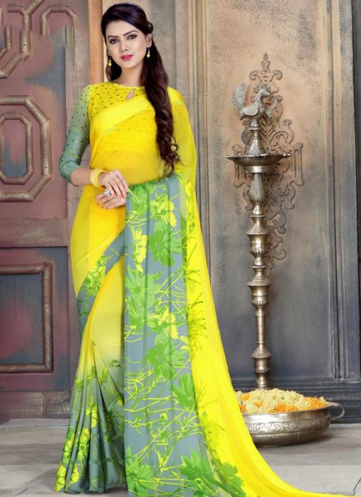 Winsome Yellow And Grey Georgette Printed Casual Wear Saree