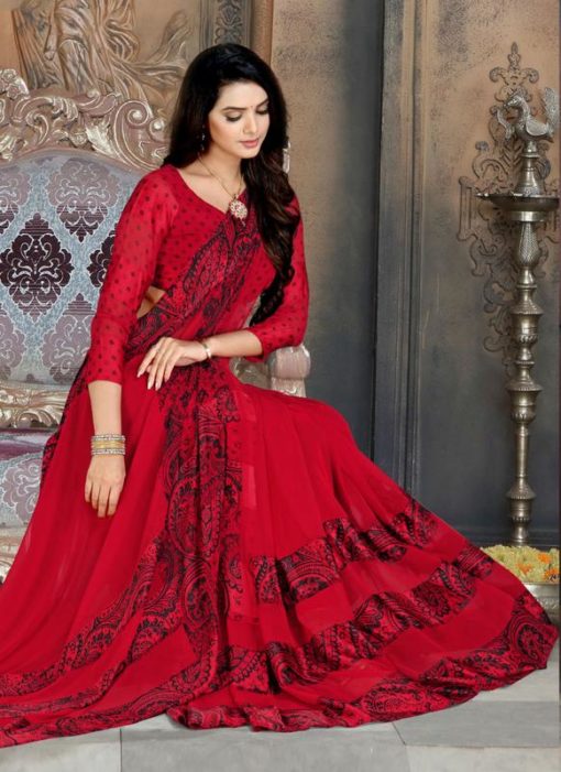 Splendid Red Georgette Printed Casual Wear Saree