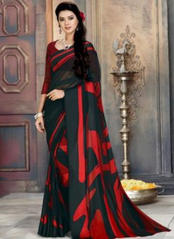 Glorious Black And Red Georgette Printed Casual Wear Saree