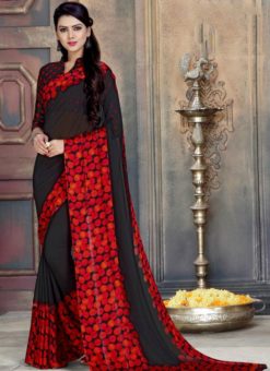 Stunning Black And Red Georgette Printed Casual Wear Saree