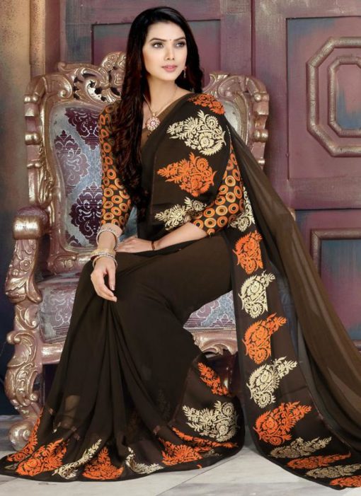 Lovely Brown Georgette Printed Casual Wear Saree