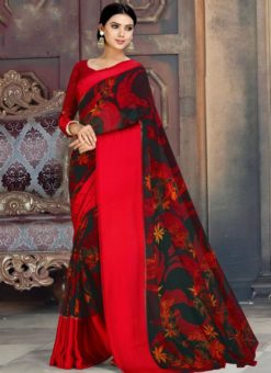Gorgeous Red And Black Georgette Printed Casual Wear Saree